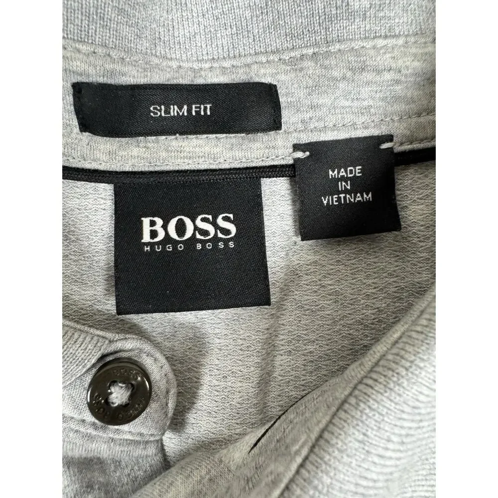 BOSS Hugo Boss Mens Gray Slim Fit Polo Shirt Short Sleeve Textured Golf Large